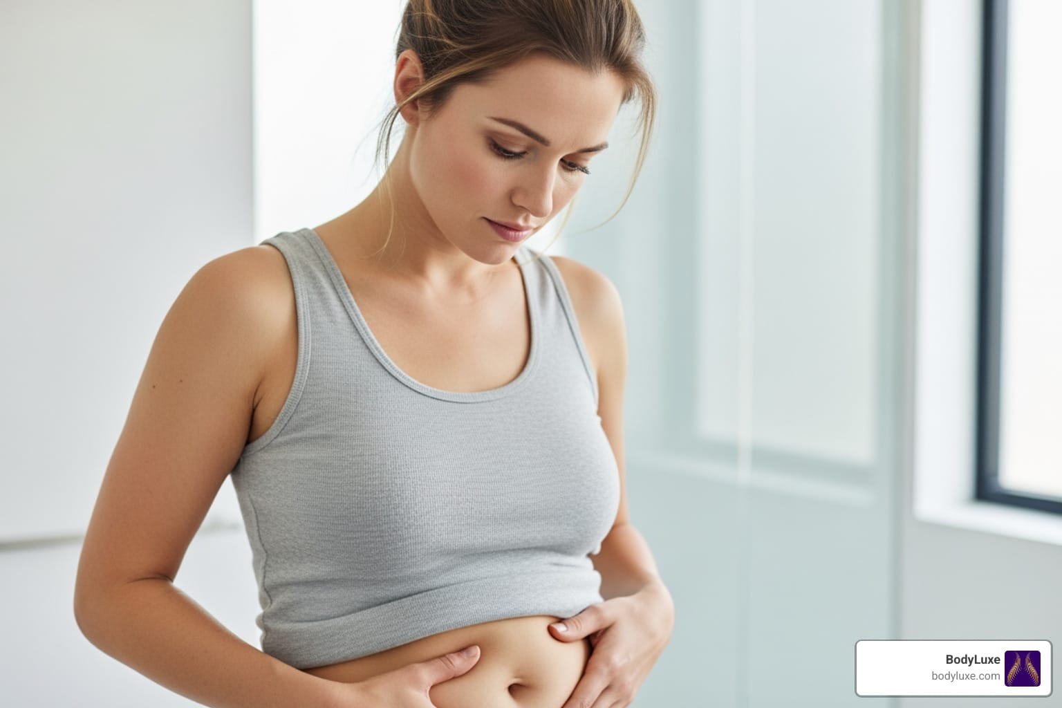 Surgical Procedures in Chicago 13 Woman assessing lower-abdominal skin laxity during Renuvion treatment planning